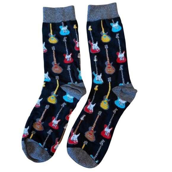 Mens Black Crew Socks With Colorful Electric Guitar Pattern Musician Rock Band A - Picture 2 of 6